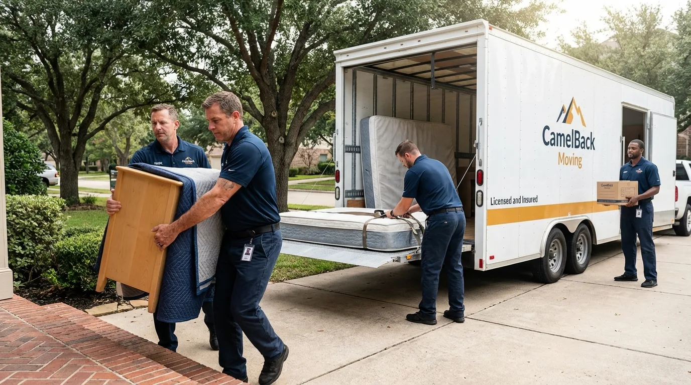 Crew loading residential truck for cross-state move from Laton, CA