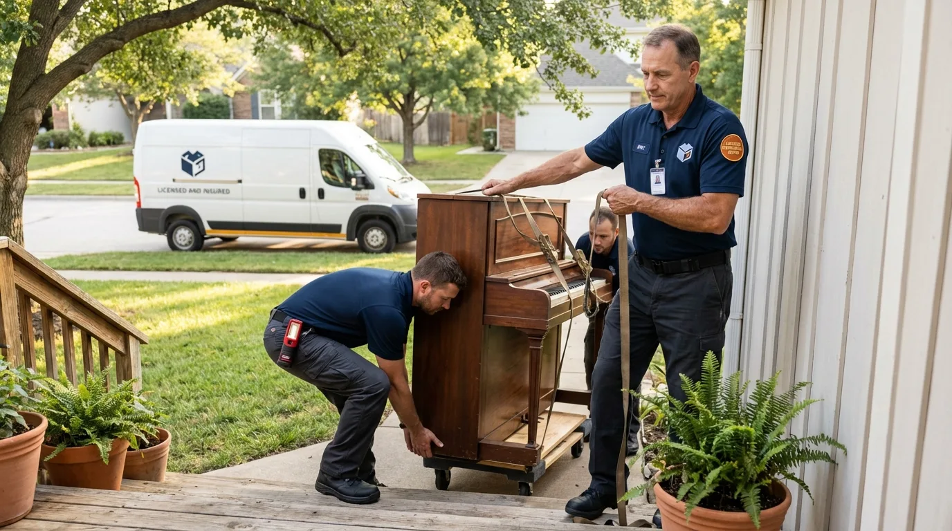 Licensed piano movers securing grand piano in Laton, CA