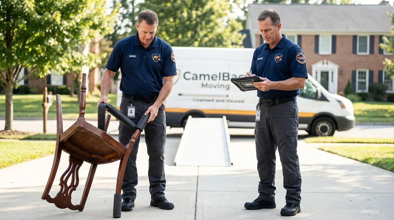 Movers inspecting furniture for damage prevention before loading in Laton, CA