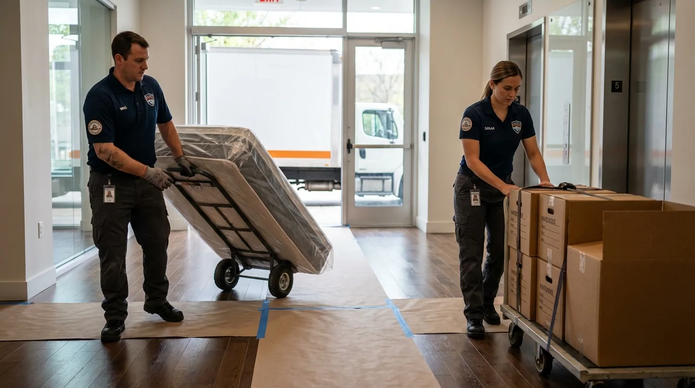 Professional apartment movers loading elevator in Laton, CA