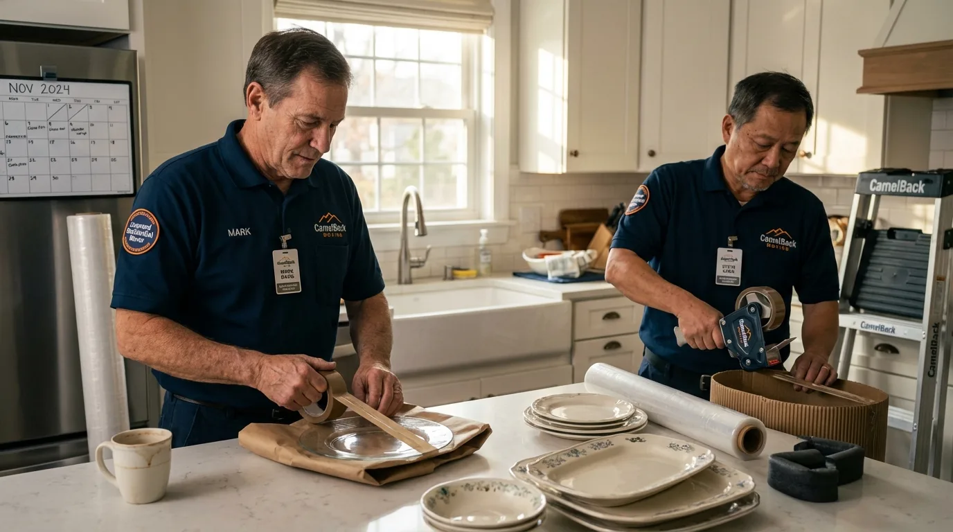 Professional crew packing kitchen dishware in Laton, CA